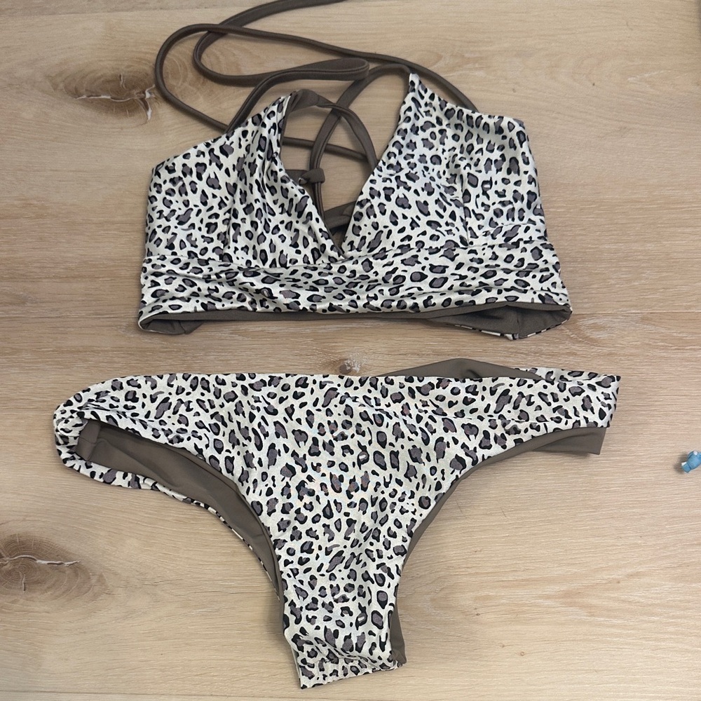 Sandmade Swimwear Leopard Print Reversible Bikini Set